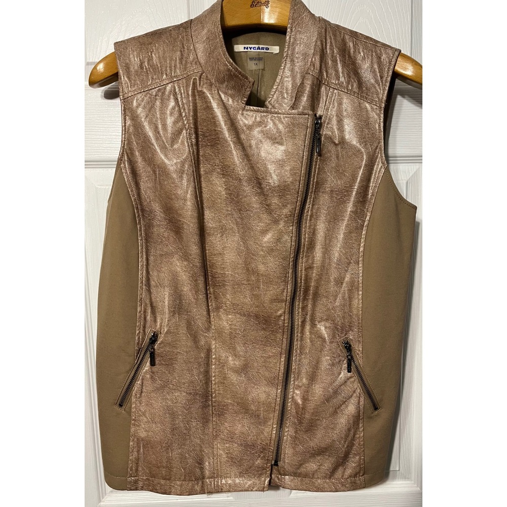 NYGARD Faux Leather Moto Vest Rose Gold‎ Taupe Asymmetrical Zip Women 1X